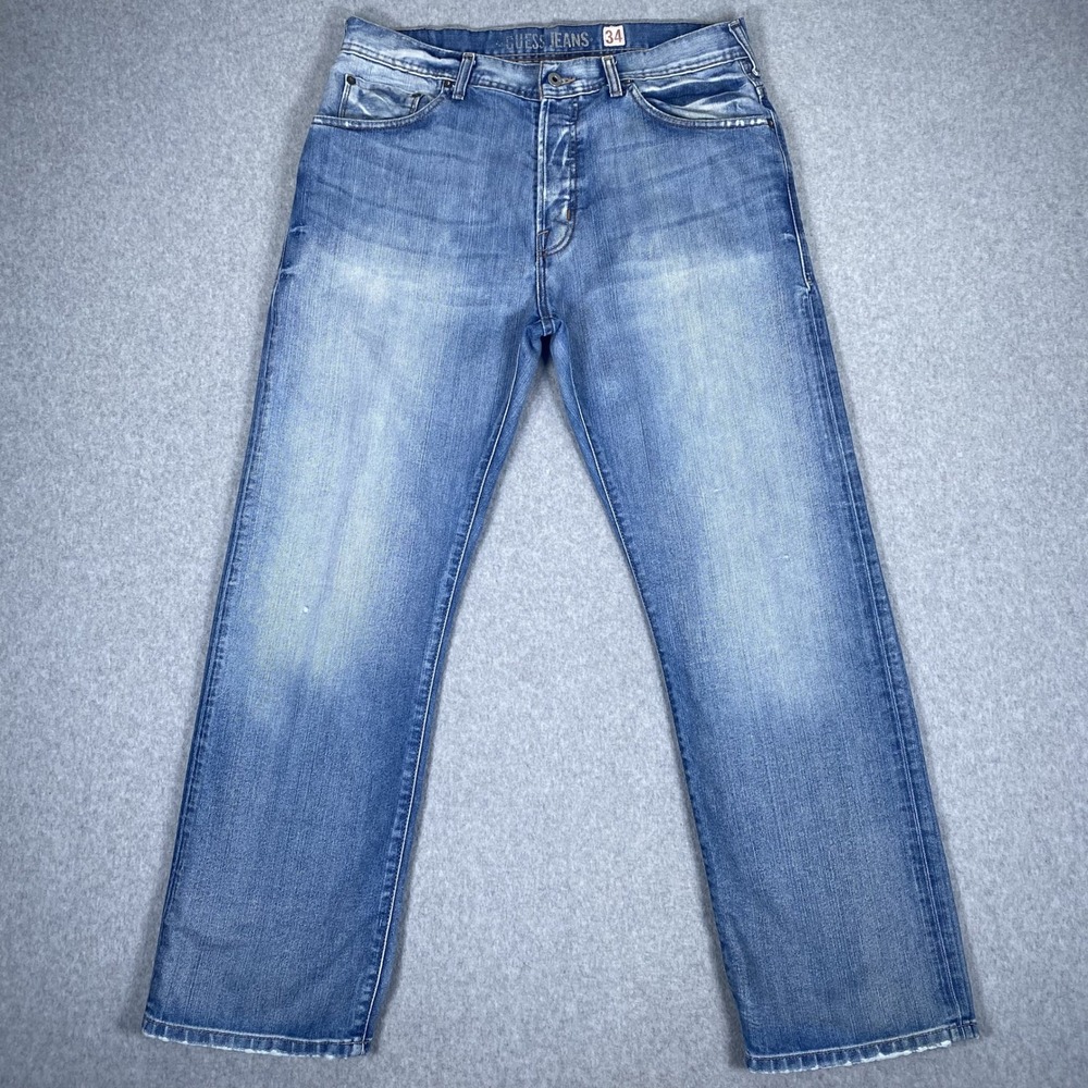 Guess Jeans Dean Relaxed Fit Mens 34 Blue Straight Leg Denim Button Fly Pants